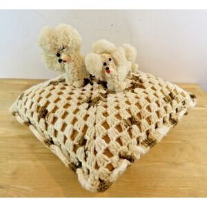 OOAK HANDMADE Crochet Knitted Off White Checkerboard Poodle Dog 13" Pillow EUC